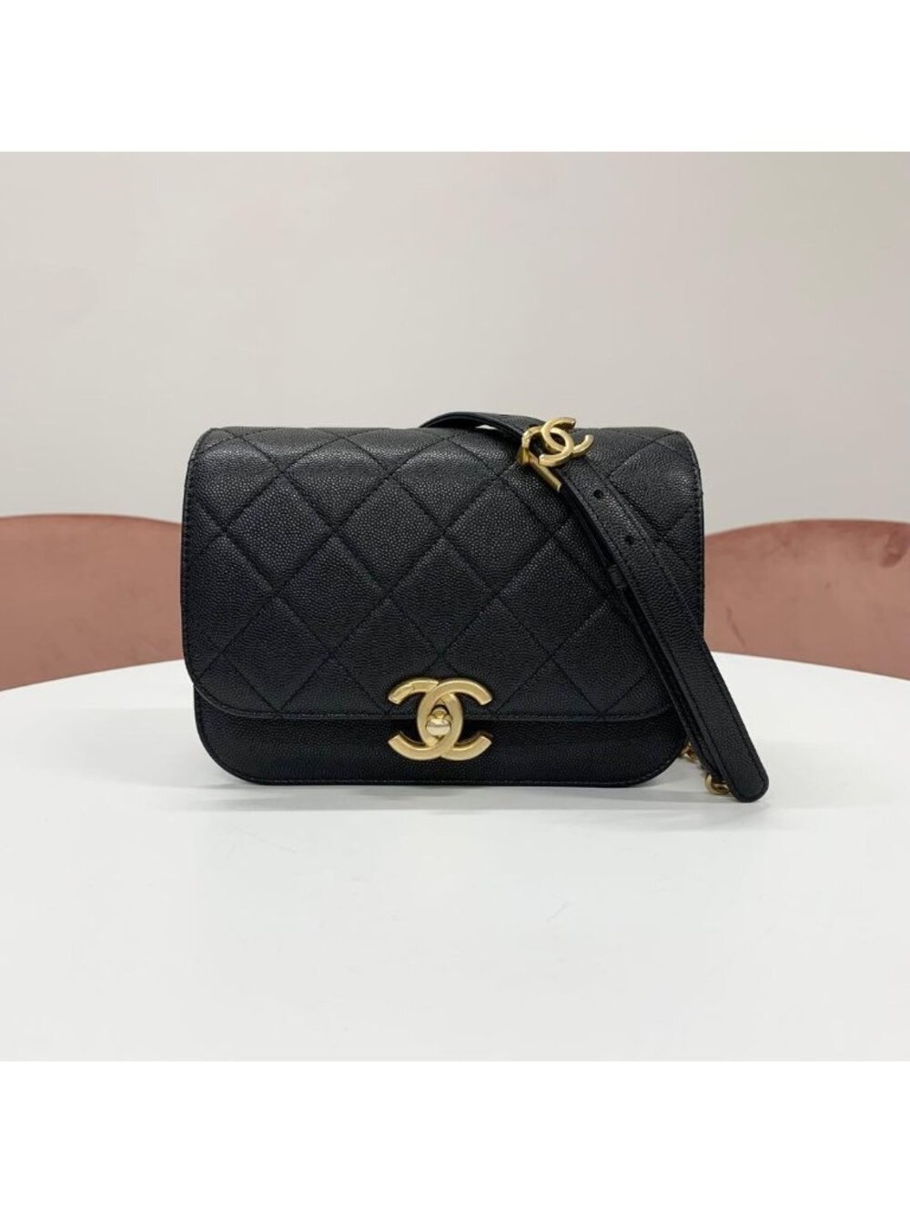 Chanel Quilted Turnlock CC Logo Caviar Leather Shoulder Bag